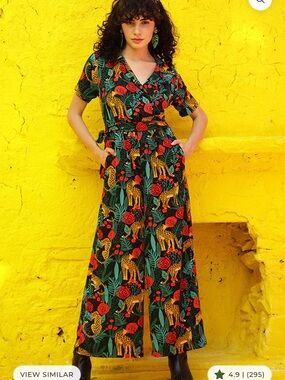 Wide Leg Jumpsuit in Black with Red & Green Print